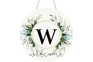 YUNKKIN Monogram Letter W Wooden Welcome Sign for Front Door Decor Floral Family Last Name Initial House Warming Decor Spring Summer Wreath for Porch Rustic Wall Home Kitchen Boho Decor