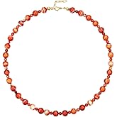 KissYan Beaded Necklaces for Women, 14K Gold Plated Natural Gemstones Choker, Boho Handmade Carnelian Red Agate Stone Ball Chain Fall Winter Jewelry Gifts