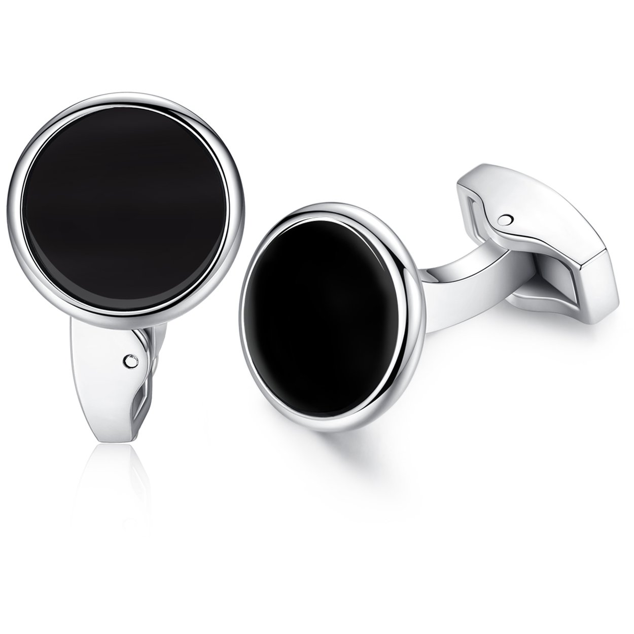 HONEY BEAR Round White Sea Shell/Black Onyx Agate Stone Cufflinks for Mens Shirt Wedding Business Gift Black Silver