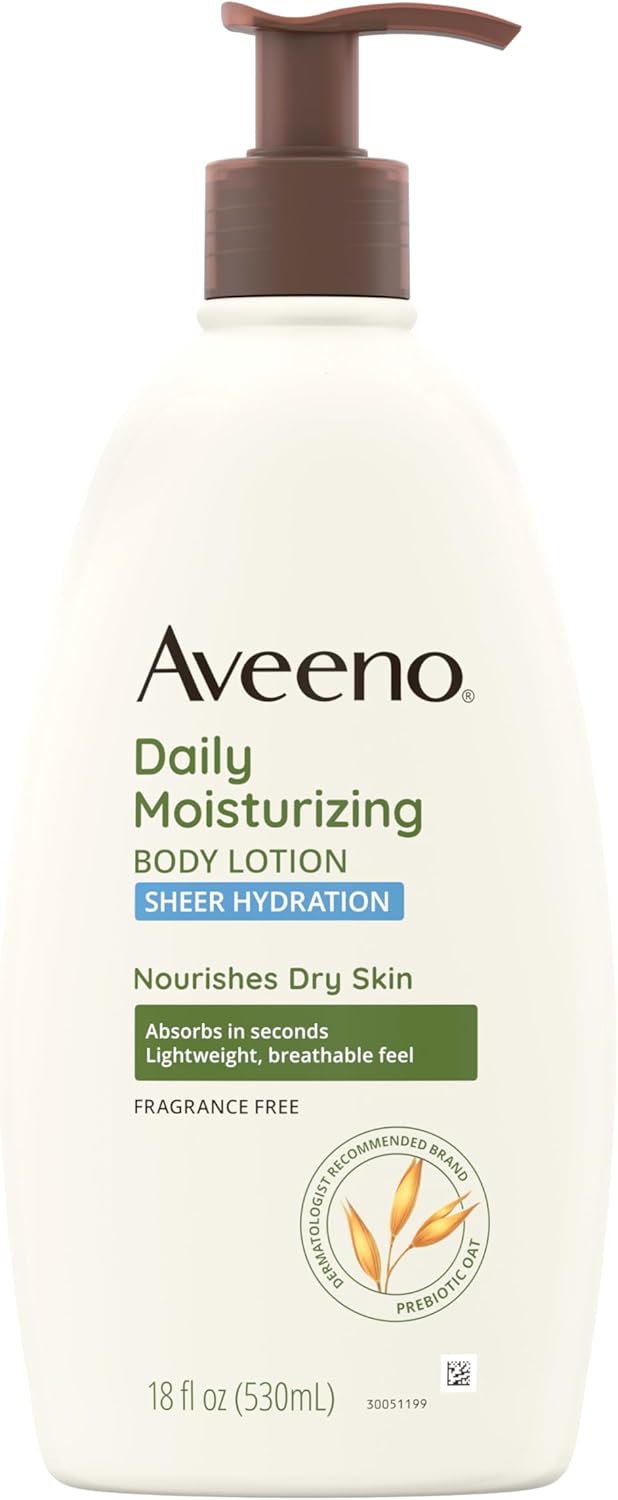 Aveeno Sheer Hydration Daily Moisturizing Fragrance-Free Lotion with Nourishing Prebiotic Oat, Fast-Absorbing Body Moisturizer for Dry Skin with Lightweight, Breathable Feel, 18 fl. oz