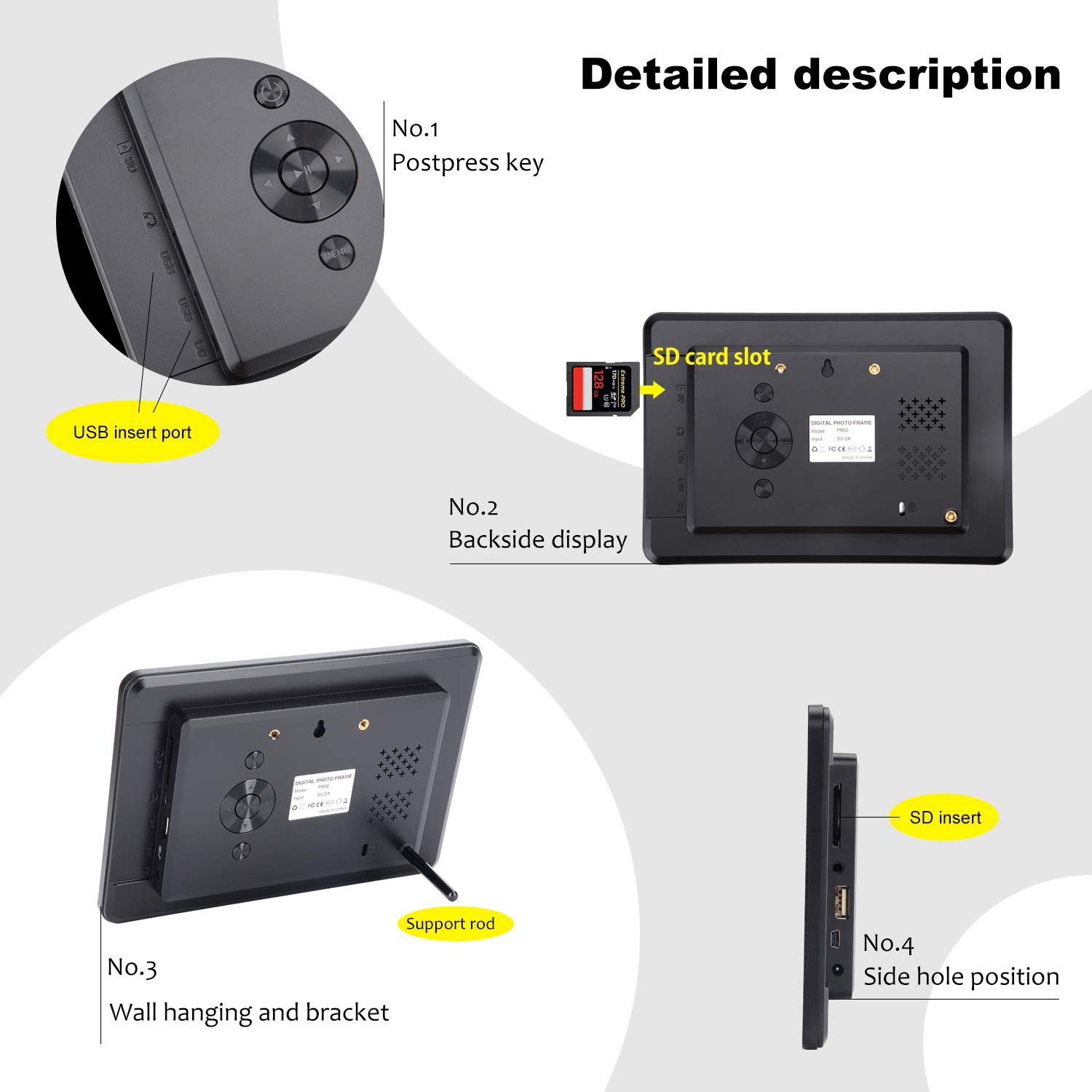 Digital Frame 8 Inch 1280 x 720 High Resolution Digital Picture Frame CofunKool 16:9 IPS Display Photos, Musics, Videos Digital Album Calendar Alarm Auto On/Off Timer