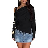 Goafuliy Womens Sexy Off Shoulder Blouses Long Sleeve Shirts Asymmetrical Side Split Ruched Y2k Going Out Tops