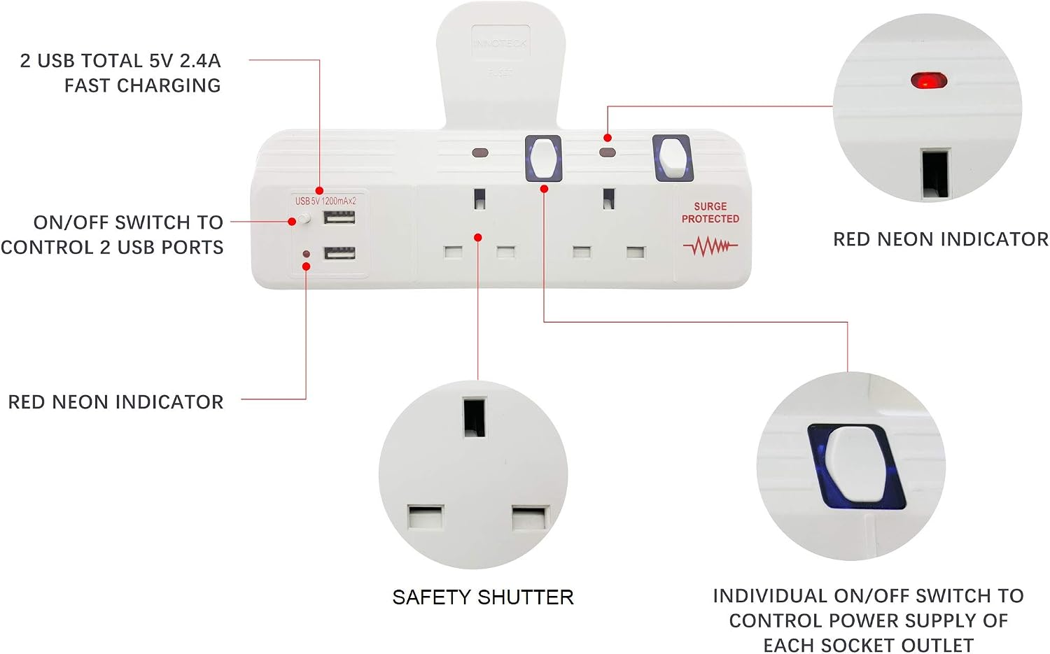 Innoteck 2Way Individual Switched Wall Socket Adaptor Neon Indicator ...