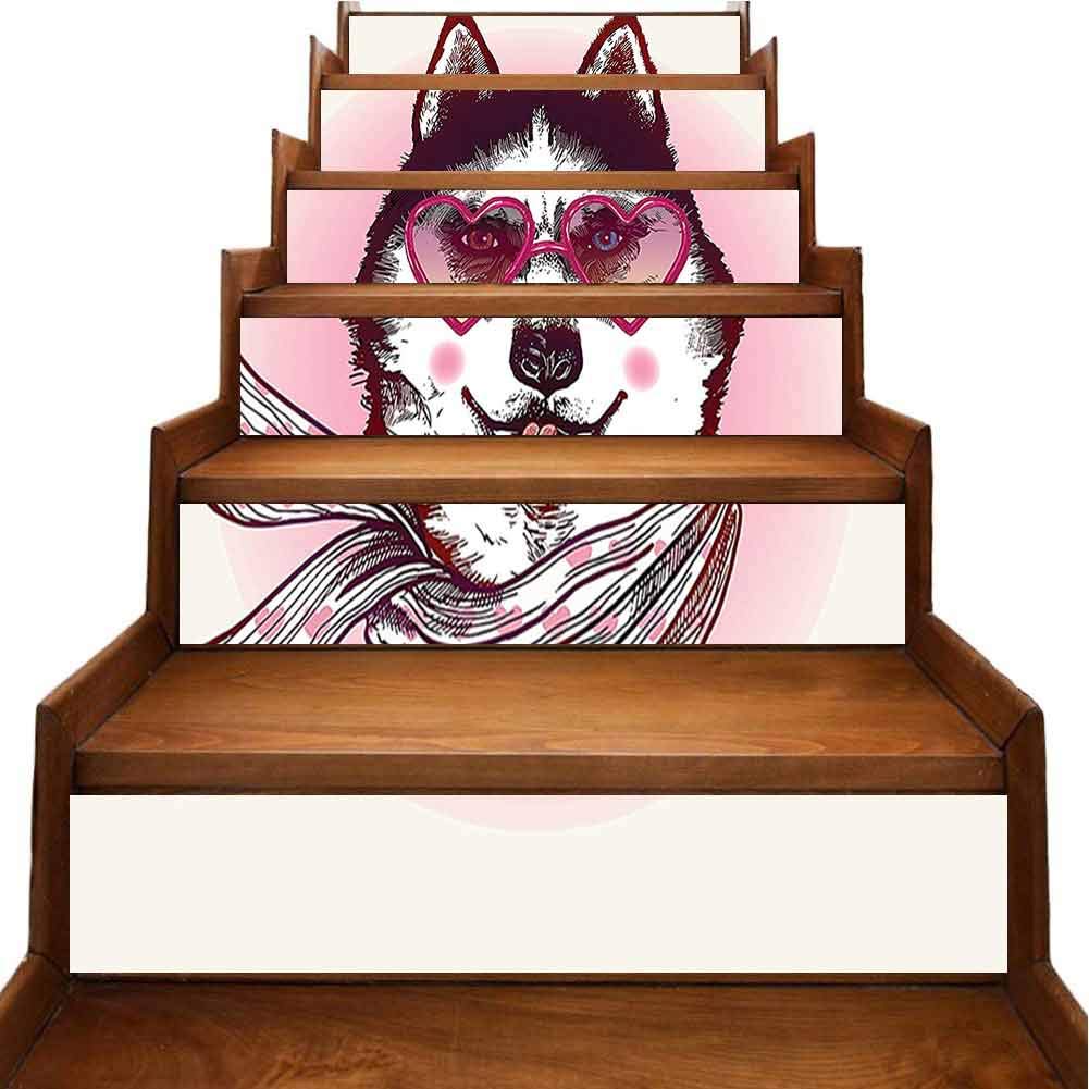 Stair Mural Decals Waterproof Husky Dog He Shaped and Scarf Fashi Animal Print Pink Cream Black Decals for Bathroom Stair Sticker for Walls Kitchen Bathroom Home Decoration, W39.3 x H7 inch