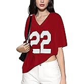 Elincho Womens Y2K Jersey Shirt Drop Shoulder Oversized V Neck Tee Graphic Number Sporty Streetwear Casual Summer T-Shirts
