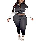 Casual Plus Size 2 Piece Sets for Women Patchwork Button Down Varsity Jackets Pants Set Sweatsuit Tracksuit