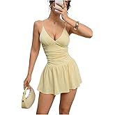 Verdusa Women's V Neck Ruched Cami Dress Ruffle A Line Mini Dresses Festival Outfits