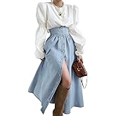 utcoco Women's High Waist Long Denim Skirt Button Down Swing A-Line Jean Maxi Skirt with Pockets