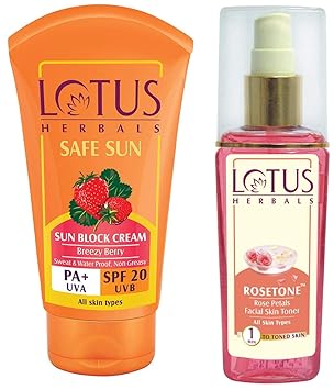 Lotus Herbals Safe Sun Block Cream SPF 20, 50g & Herbals Rosetone Rose Petals Facial Skin Toner, 100ml Combo