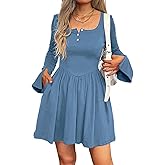 Mieazom Women Bell Long Sleeve Mini Dress Square Neck Button Down A Line Pleated Winter Fall Dresses with Pockets