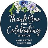 Andaz Press Navy Blue Hydrangea Floral Garden Party Wedding Collection, Personalized Round Circle Label Stickers, Thank You for Celebrating with US, 40-Pack, Custom Name