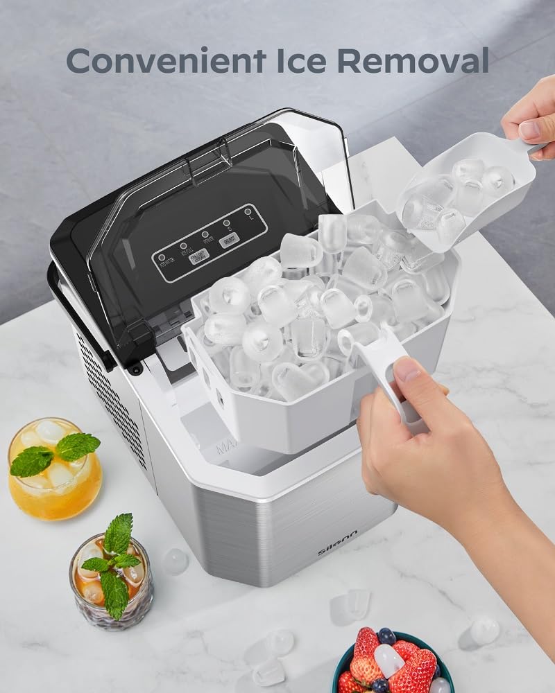 Silonn Ice Maker Countertop, Stainless Steel Portable Ice Machine with Carry Handle, Self-Cleaning Ice Makers with Basket and Scoop, 9 Cubes in 6 Mins, 26 lbs per Day