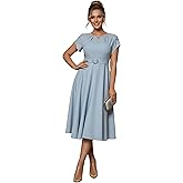 winkbay Women's Vintage Petal Short Sleeve Midi Dress Keyhole Neck Belted A Line Flowy Wedding Guest Dresses