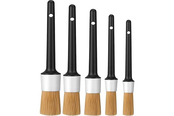 Car Detail Brush, Boars Hair Multi-Purpose Car Detailing Brushes - Set of 5, 5 Head Sizes with Natural Ultra Soft Boars Hair