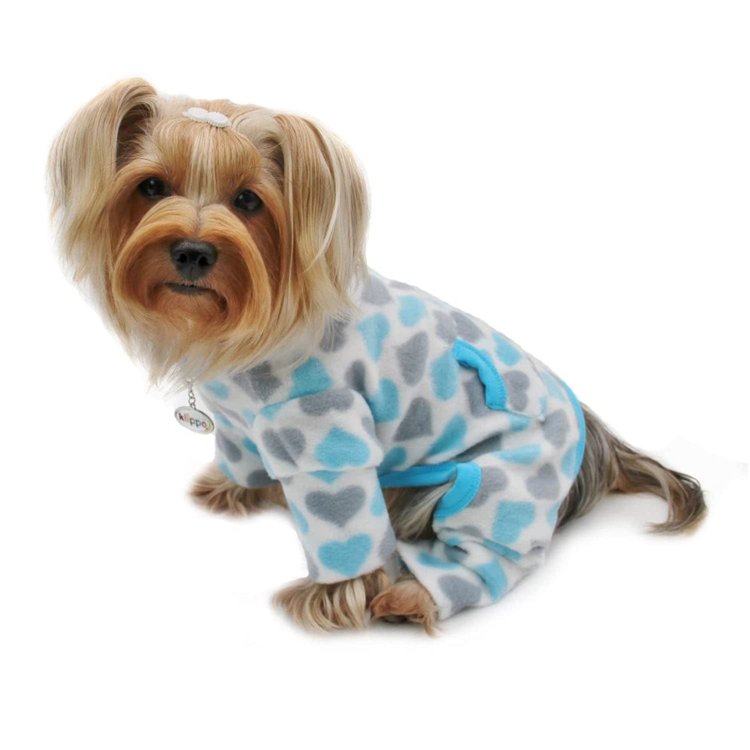 Klippo Dog/Puppy Blue & Grey Hearts Fleece Turtleneck Pajamas/Bodysuit/Loungewear/Coverall/Jumper/Romper for Small Breeds (S)