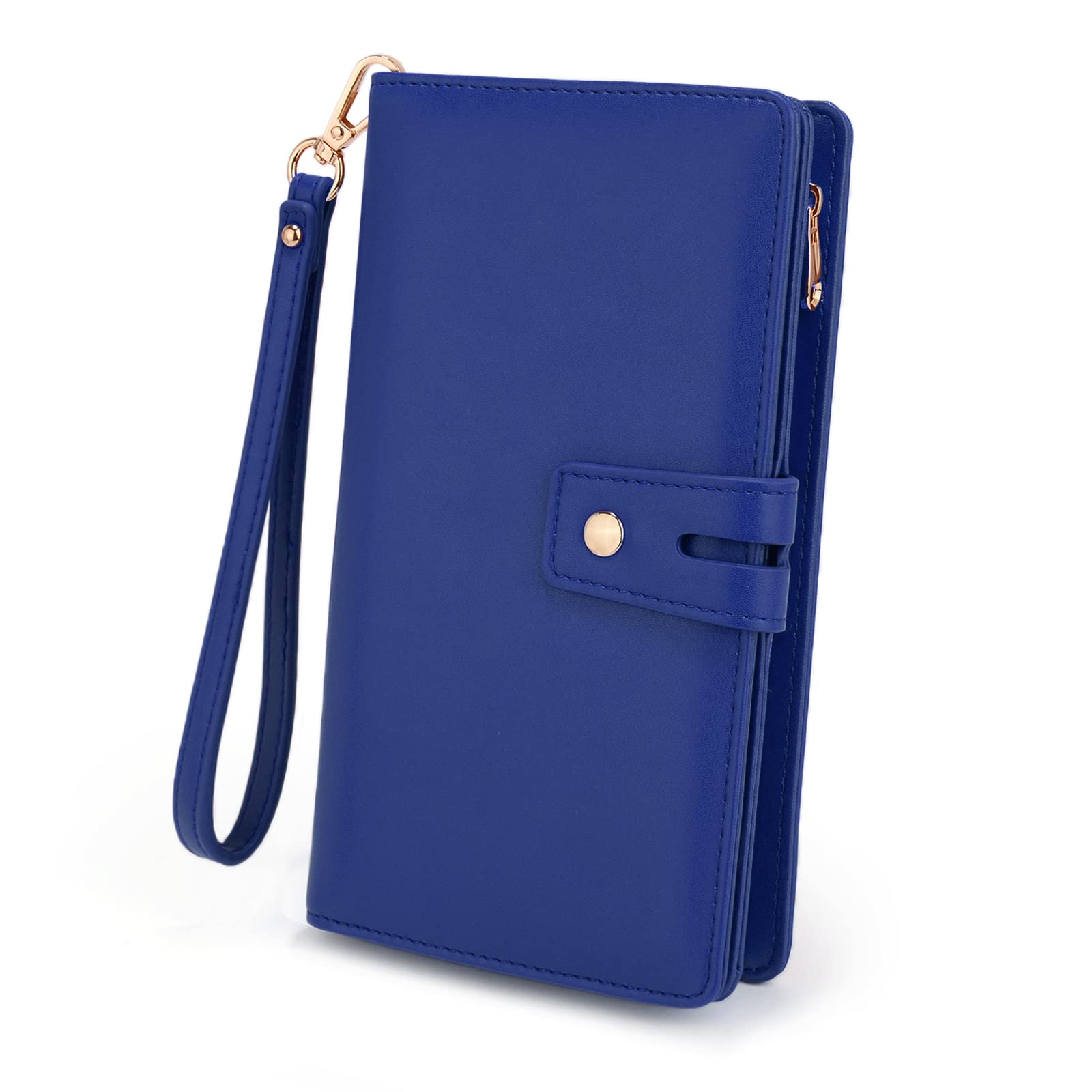 UTO Ladies Purse Wallet for Women Wristlet Phone Bag 20 Card Slots Removable Cheque Cover with Pen Holder PU Leather Blue