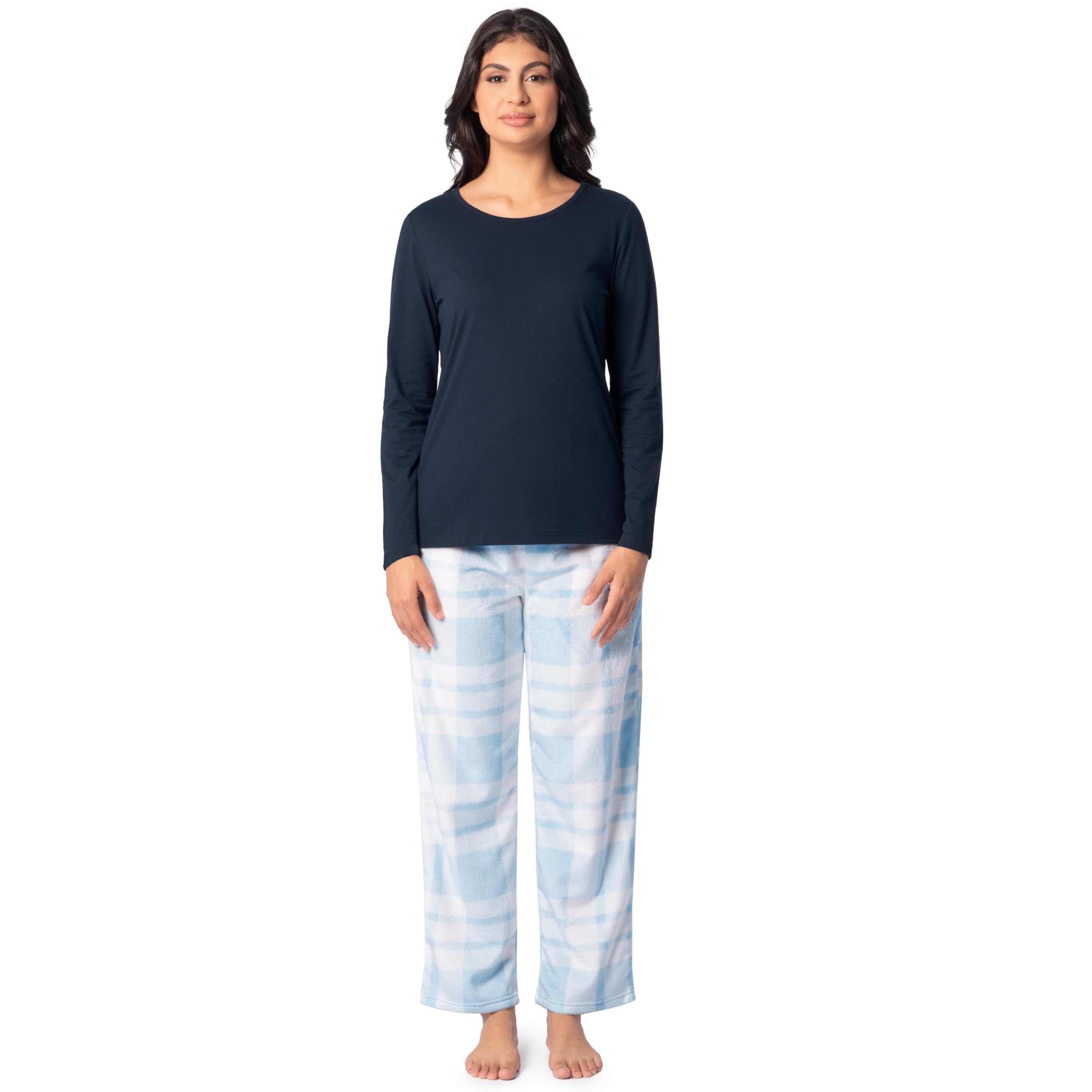 Fruit of the Loom Women's Sueded Jersey Crew Top and Fleece Pant Sleep Set, Navy/Snow Plaid, 3X Image