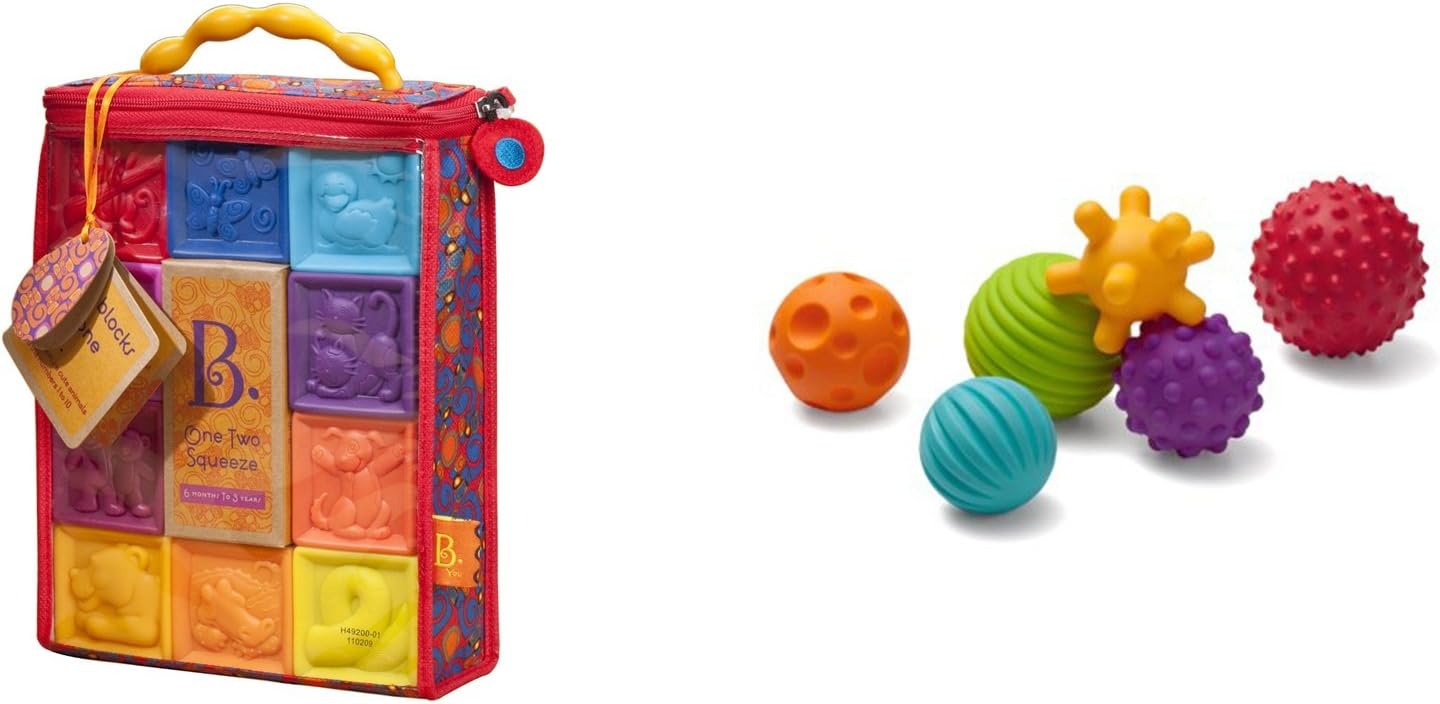 Baby B. One Two Squeeze Blocks & Textured Multi Ball Set for Kids, 2 Pack