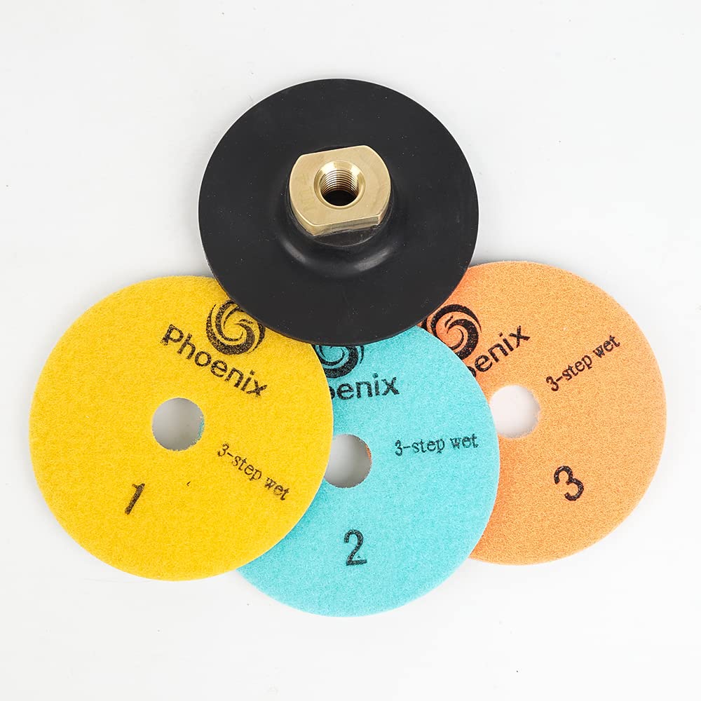 Raizi 3-Step 100mm Premium Diamond Polishing Pads with a M14 Rubber Backer Pad for Granite Marble Terrazzo Quartz Engineered Stone