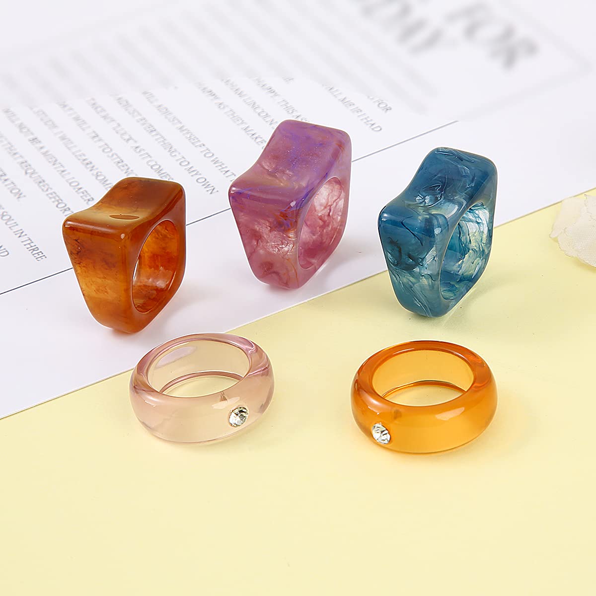 AIDSOTOU 20 Pcs Acrylic Cute Trendy Colorful Rhinestone Stackable Chunky Rings for Women