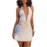 Milumia Women's Floral Print Halter Dress Low Cut Sleeveless Backless Mini Dresses