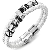 COOLSTEELANDBEYOND Mens Double-Row Braided Leather Bracelet Bangle Wristband with Black Stainless Steel Ornaments
