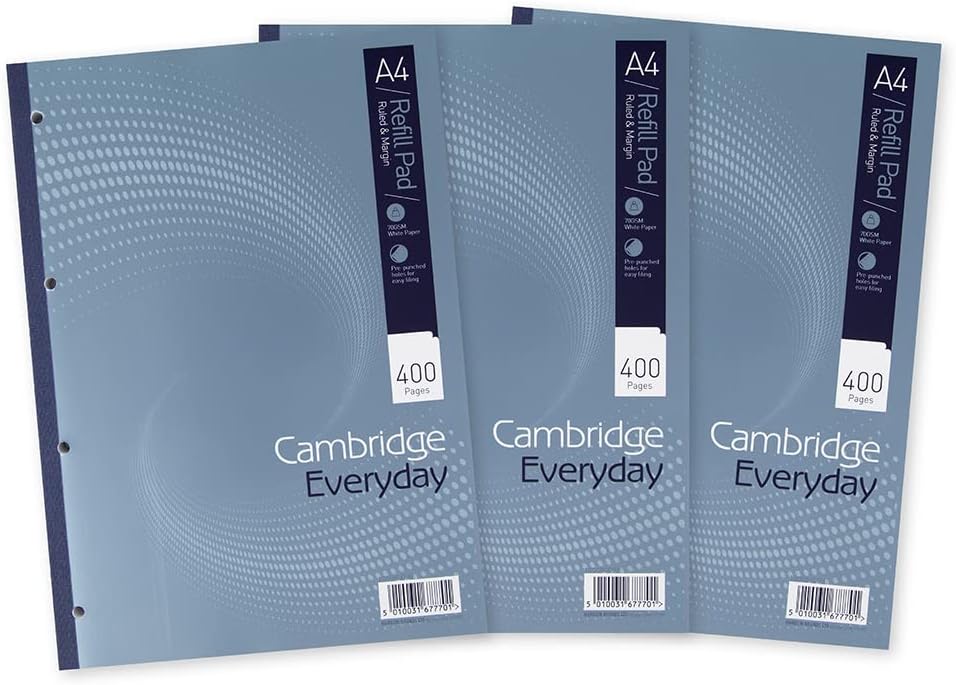 Cambridge A4 Lined Paper Refill Pad 8 mm Rule, Margin 400 Pages Pack of 3