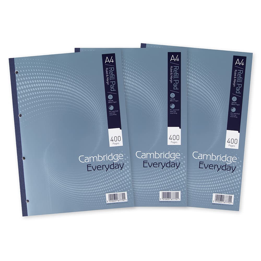 Cambridge Lined Paper A4 Refill Pad, Ruled and Margin, 400 Page, Pack of 3