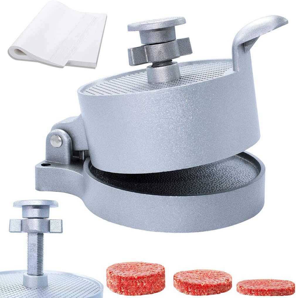 laffeya Burger Press, Hamburger Maker with 50 Non Stick Patty Papers, Adjustable Burger Press Makes 4 1/2