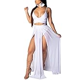 Women Sexy 2 Piece Outfits Dress Chiffon Strap Deep V Neck Bra Crop Top High Split Maxi Dresses Skirt Set