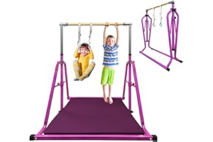 GLANT Gymnastics Bar for Kids with Rings Set, 7 Heights Adjustable Easy Folding Gymnastic Training Bar Kids Monkey Horizontal Bars - Max Load 300LBS