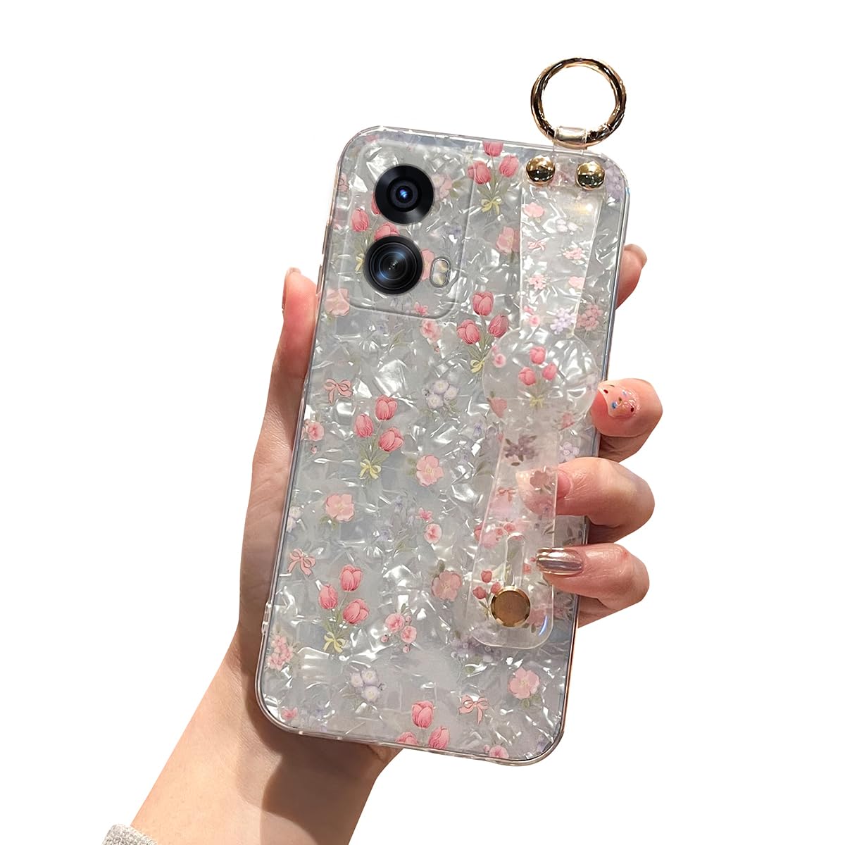 Photo 1 of LeLeYun Case for Motorola Moto G 5g 2024 6.6" with Stand Wrist Strap Cute Pattern Sparkly Bling Shockproof Protective Phone Case for Girls Women - Tulip