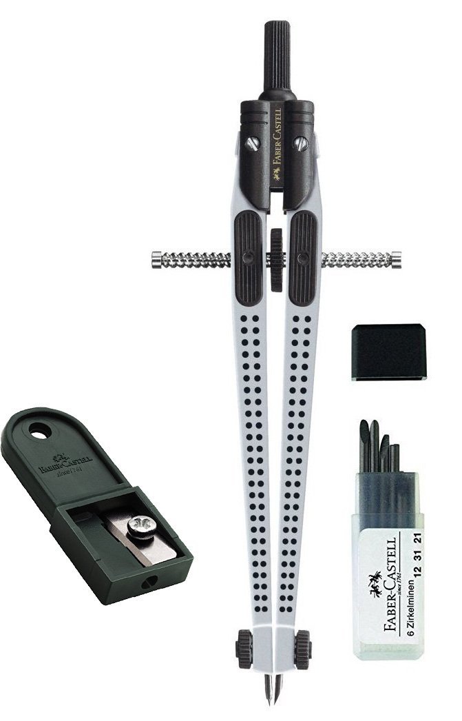 Faber-Castell GRIP 2001 174472 Spring Compass Silver with Extra Leads and Sharpener in Case Metal Compass Quality Made in Germany
