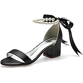 Anna's Bridal Women's Low Block Heel Sandals Chunky Ankle Strap Pearl Wedding Dress Shoes Low Heel Comfortable Pump Sandals