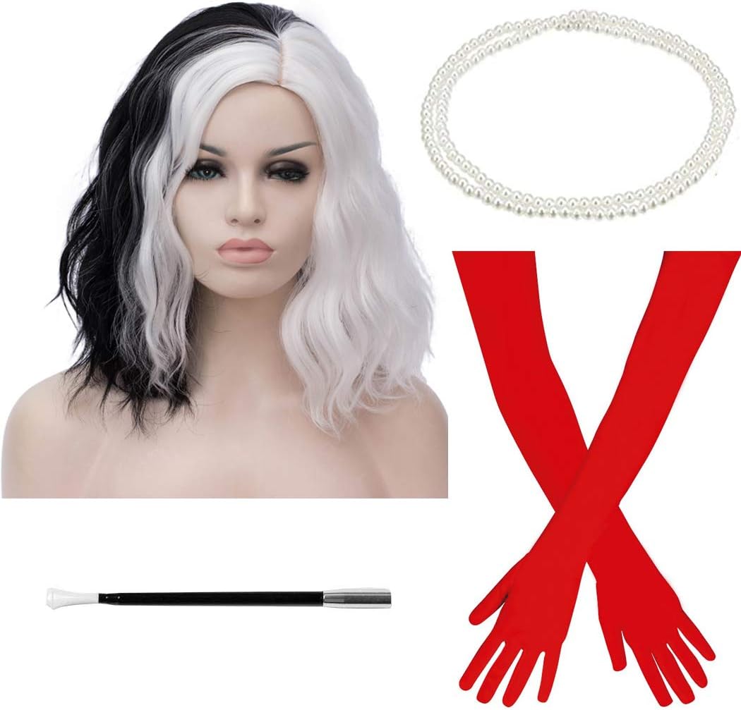 TANTAKO Black and White Cosplay, Half Black and Half White Wig with 1920s Red Gloves and Holder/Pearl Necklace(A)