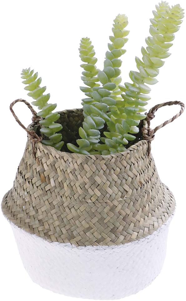 LotCow Garden Flower Pot Natural Seagrass Basket Woven Plant Pot Handmade Belly Basket Rattan Straw Basket Foldable Seagrasss Flower Baskets with Handle for Storage Laundry Picnic Plant Pot, White