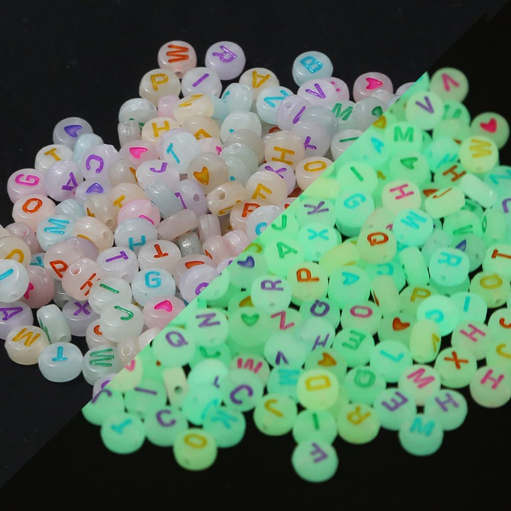 HERZWILD 1000pcs Luminous Acrylic Alphabet Beads, Glow in The Dark Bulk Beads, Heart Shaped 4x7mm Colorful Round A-Z for Bracelet, Choker, Jewellery or Other Crafts. (Color-(800+200) pcs)