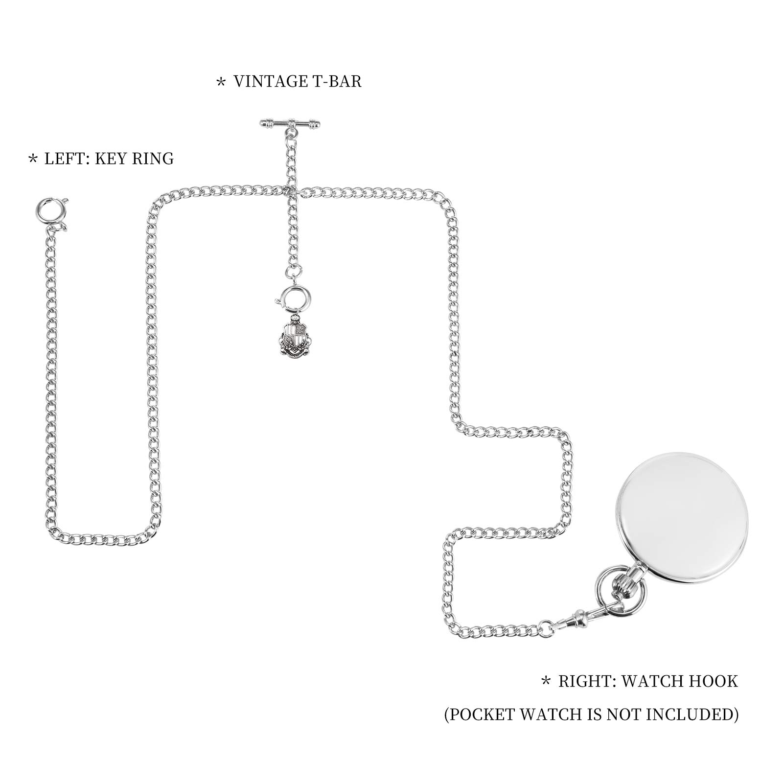 TREEWETO Men's Double Albert Chain Pocket Watch Curb Link Key Chain 3 Hooks with Antique Shield Pendant Design Charm Fob T Bar