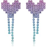 QLYOVWE Heart Rhinestone Long Tassel Earrings for Women Cute Sparkly Ribbon Bow Drop Earrings Love Shaped Wedding Prom Birthday Fashion Jewelry Gift