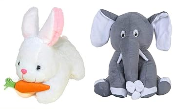 Rabbit with Carrot and Grey Sitting Elephant - 26 cm, Multicolor