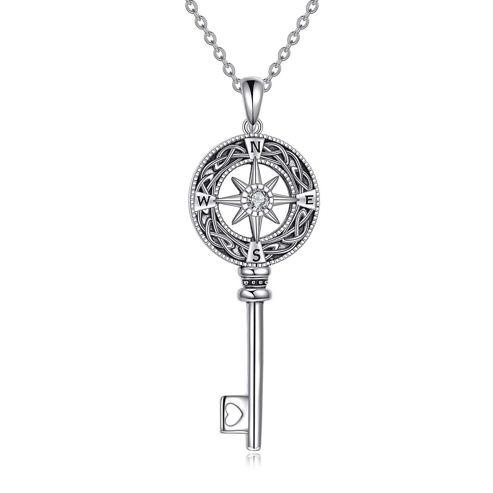YAFEINI Compass Necklace Sterling Silver Celtic Knot Key Necklace Graduation Friendship Talisman Travel Necklace Inspirational Graduation Gift Jewelry Gifts for Women Girls