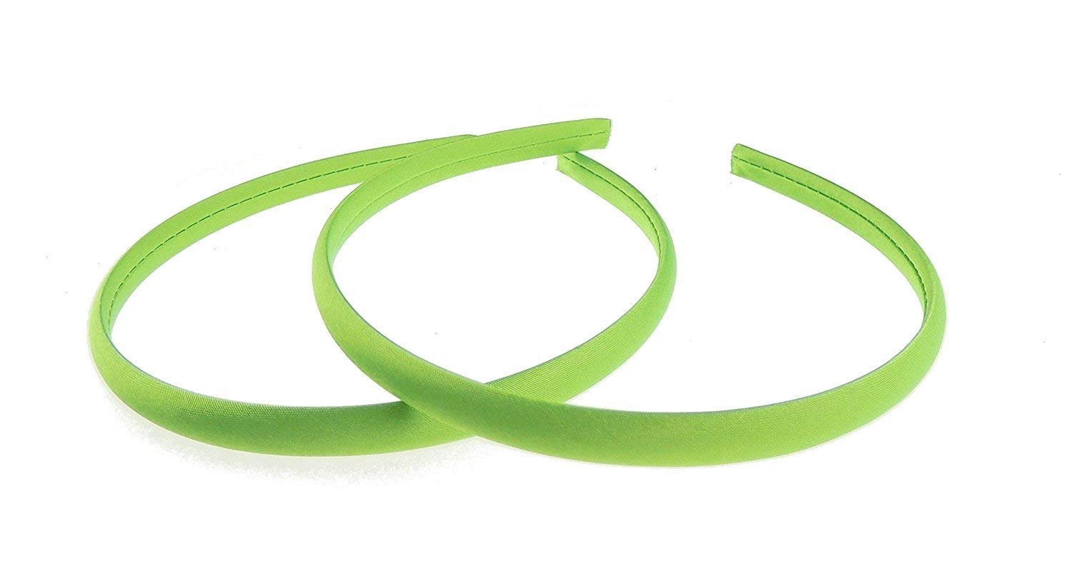 Pair of 2 Slim Thin 1cm Satin Covered Teens Girls Bridesmaid Basic Party Satin Plain DIY Alice Headband Hairband Head Hair Band Kids School Uniform (Lime, One Size)