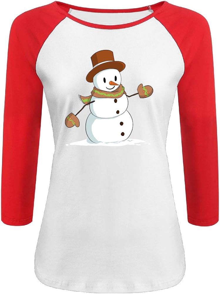 Women's Snowman 100% Cotton 3/4 Sleeve Athletic Raglan Sleeves T-Shirt