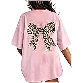 RoseSeek Girl's Bow Leopard Graphic Tees Short Sleeve Preppy Summer T Shirt Aesthetic Baggy Tops