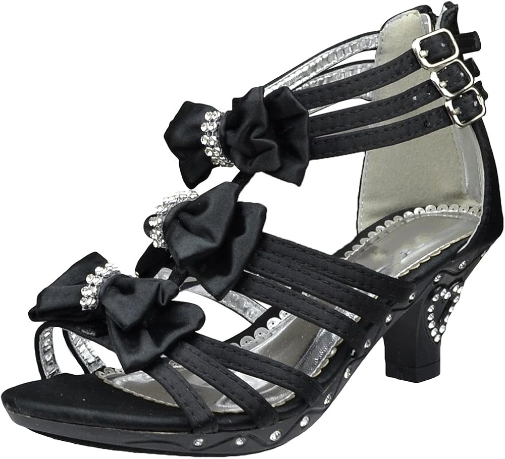 Amazon Com Ds By Ksc Kids Dress Sandals T Strap Rhinestones Bow Strappy High Heel Girls Black Sz 1 Sandals