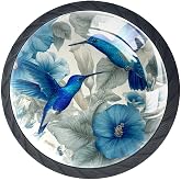 ithuaoats 4 Pack Dresser Drawer Cabinet Knobs Blue Hummingbird Flower Black Round Drawer Knob Pull Handle with Screws for Kitchen Wardrobe Cupboard Furniture Decor