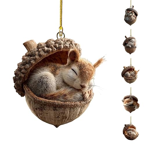 Forest Animal Acorn Ornaments Cozy Forest Christmas Ornaments, Christmas Crafts Lovely Sleeping Animal Acrylic Christmas Hanging Trees Decorations Home Decor Rustic Nature Themed (Squirrel)