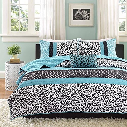 Teen Girls Animal Print Leopard Teal Blue 4-piece Coverlet Set Includes Custom Mouse Pad (Full/queen)