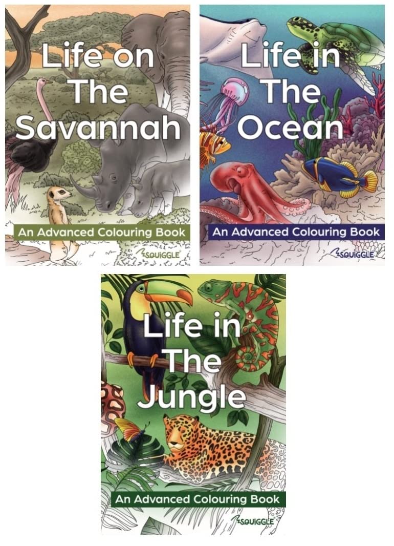 Squiggle Advanced A4 Colouring Books, Savannah, Jungle & Ocean - Set of 3