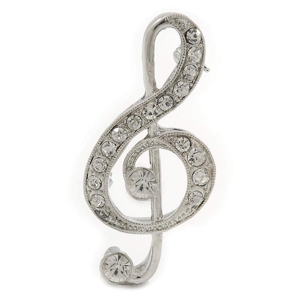 Rhodium Plated Diamante 'Treble Clef' Brooch - 50mm L